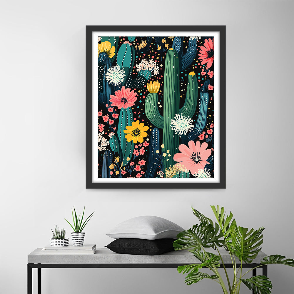 Cactus avec Fleurs de Couleurs Variees Broderie Diamant