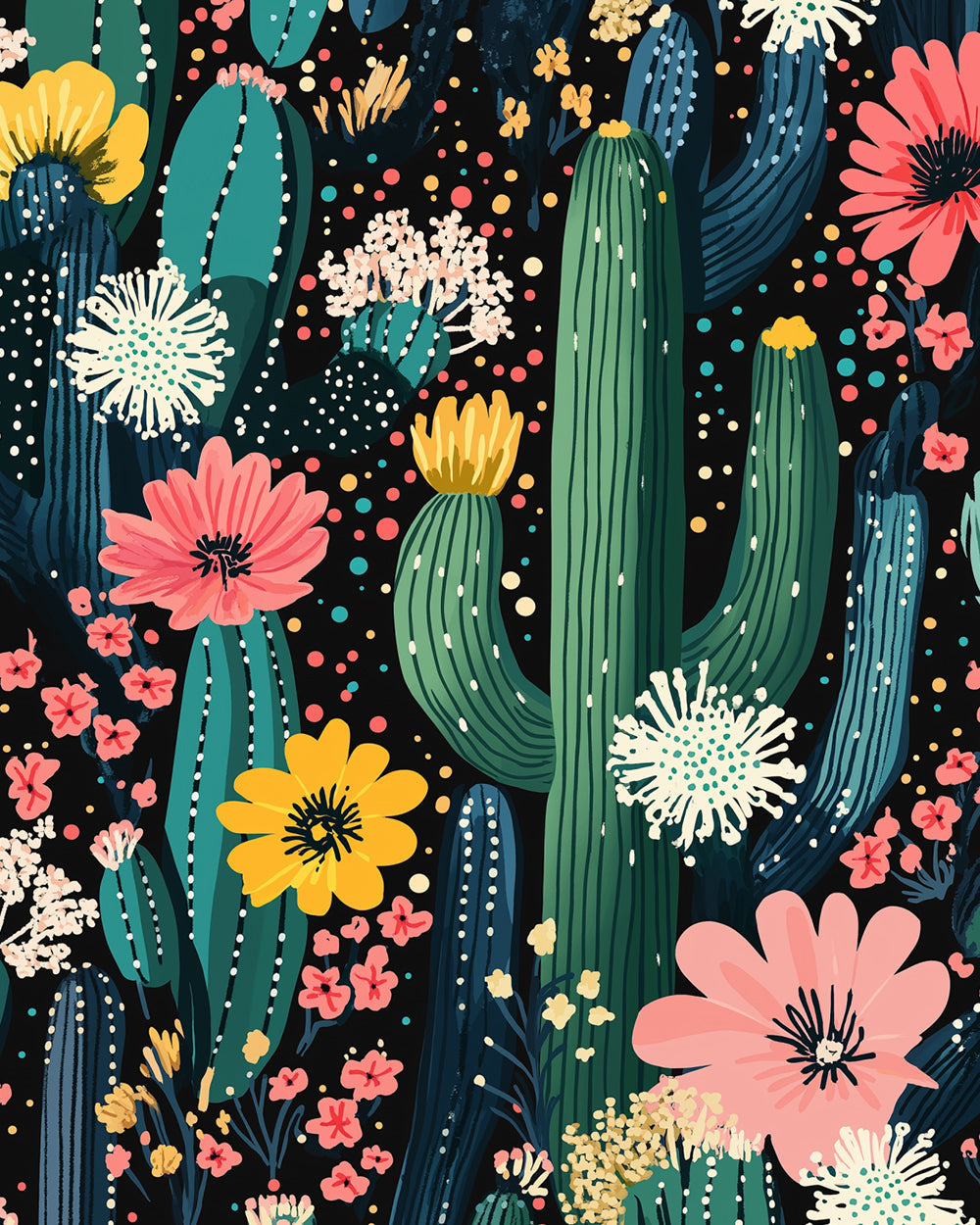 Cactus avec Fleurs de Couleurs Variees Broderie Diamant