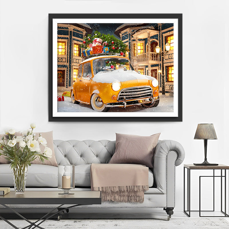 Cadeaux de Noël sur une Voiture Jaune dans la Neige Broderie Diamant