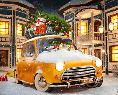 Cadeaux de Noël sur une Voiture Jaune dans la Neige Broderie Diamant