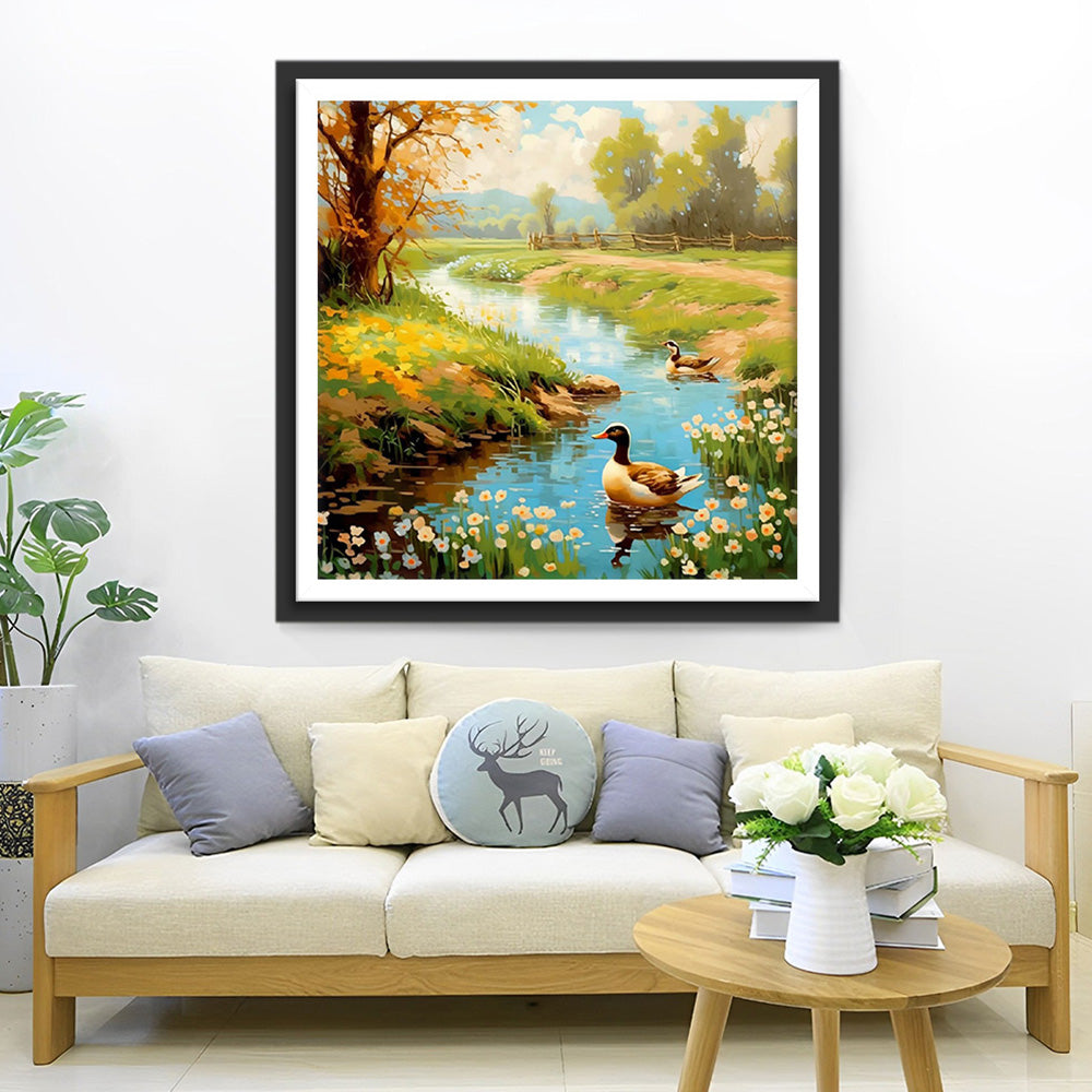Canards dans la Rivière au Printemps Broderie Diamant