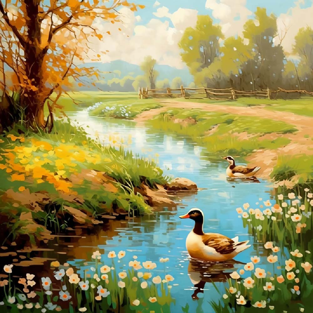 Canards dans la Rivière au Printemps Broderie Diamant