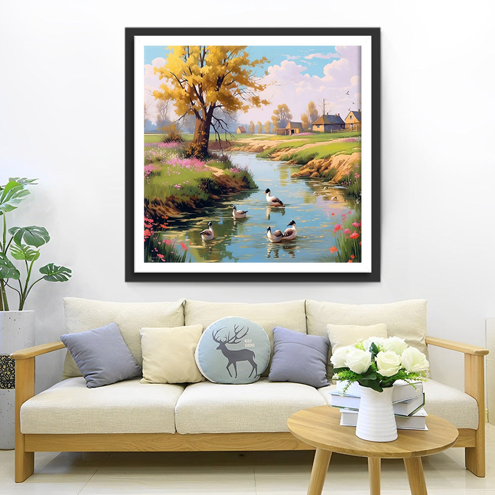 Canards dans la Rivière Rurale Broderie Diamant