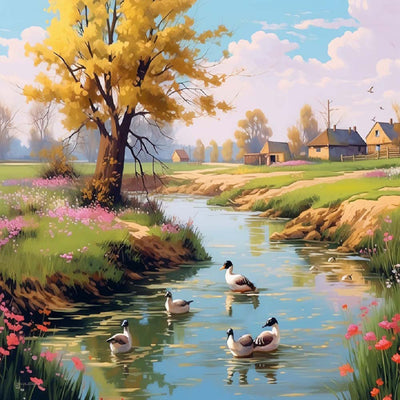 Canards dans la Rivière Rurale Broderie Diamant