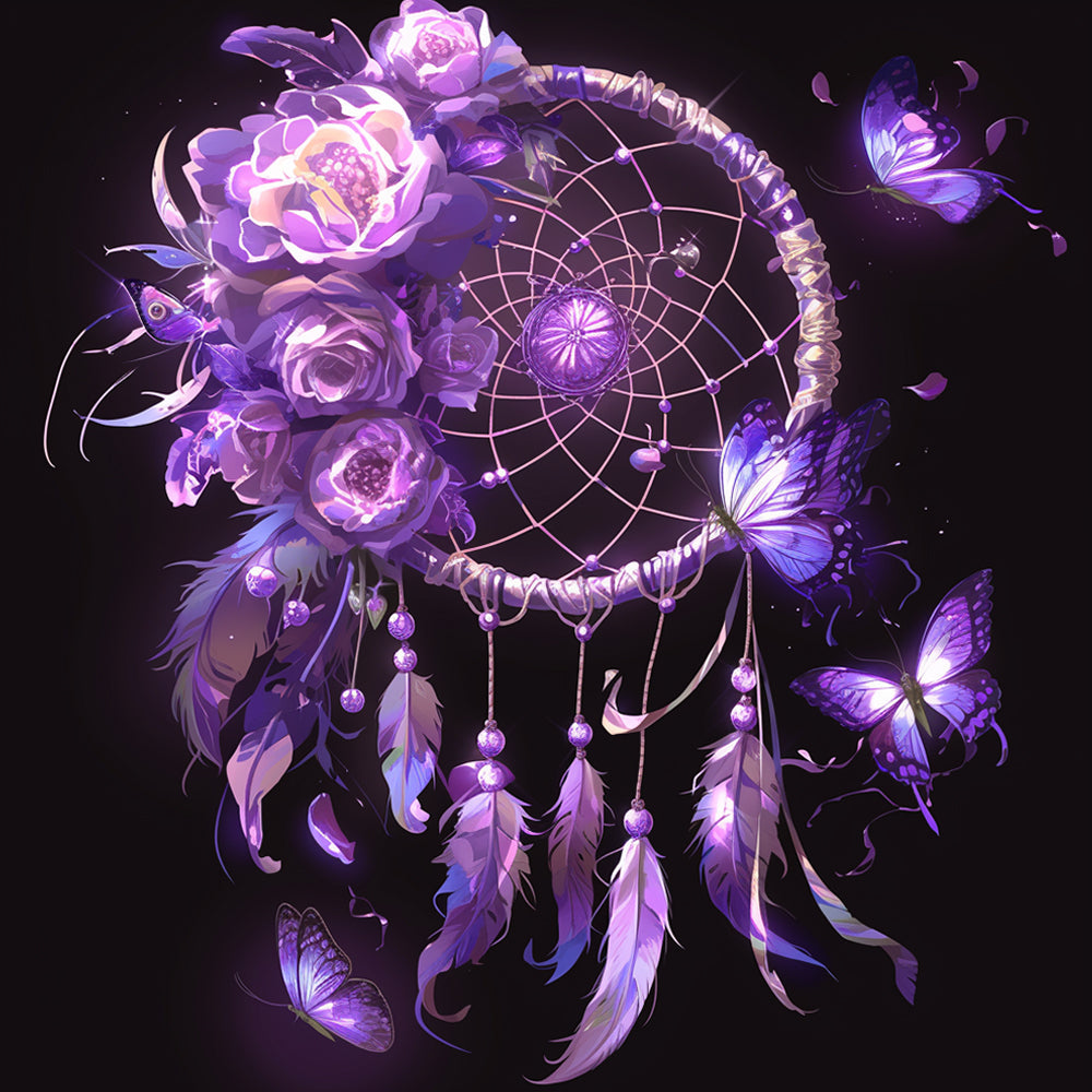 Capteur de Rêves Violet et Papillons dans L'Obscurité Broderie Diamant