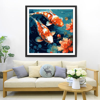 Carpe Koi Rouge et Fleurs Broderie Diamant