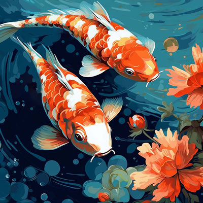 Carpe Koi Rouge et Fleurs Broderie Diamant