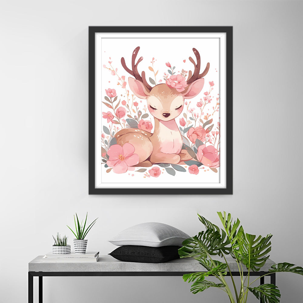Cerf Animé et Fleurs Roses Broderie Diamant