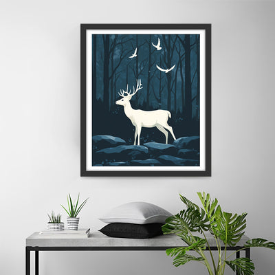 Cerf Blanc et Oiseaux dans la Forêt la Nuit Broderie Diamant