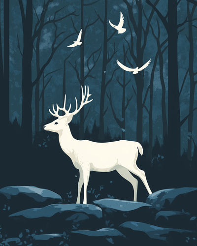 Cerf Blanc et Oiseaux dans la Forêt la Nuit Broderie Diamant