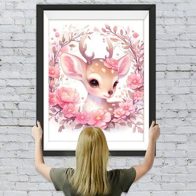 Cerf Entouré de Fleurs Roses Broderie Diamant