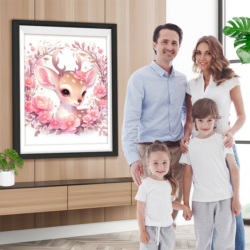 Cerf Entouré de Fleurs Roses Broderie Diamant