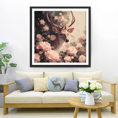 Cerf Entoure de Fleurs Roses Broderie Diamant