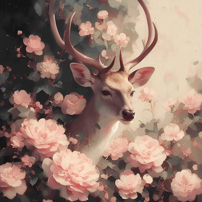 Cerf Entoure de Fleurs Roses Broderie Diamant