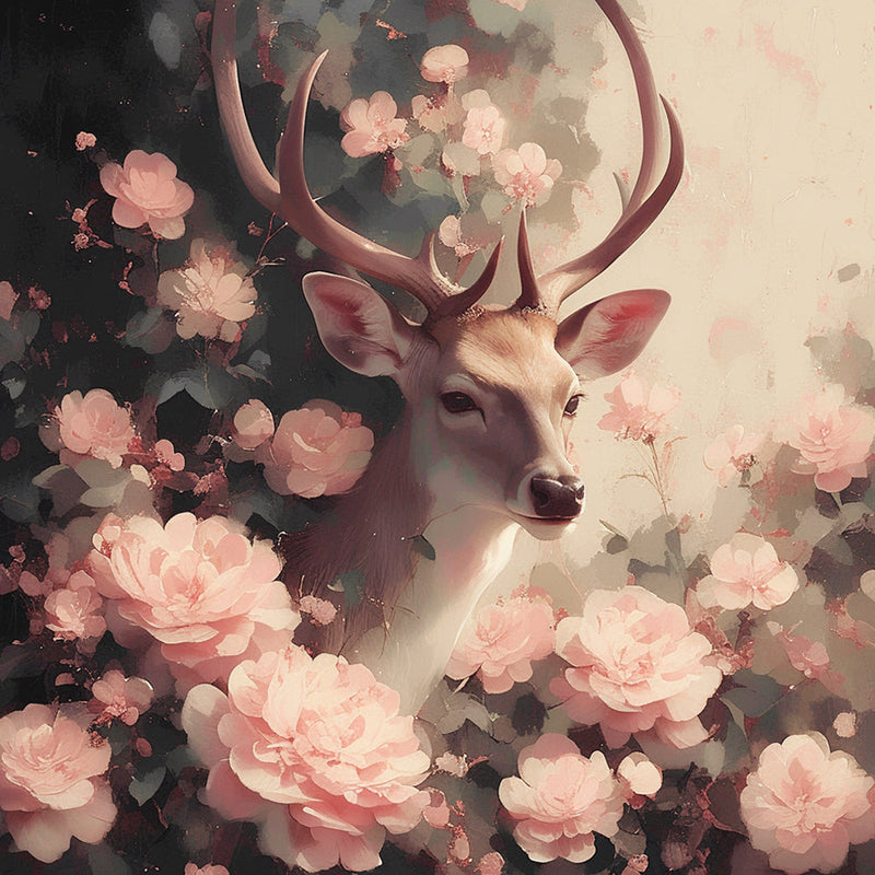 Cerf Entoure de Fleurs Roses Broderie Diamant