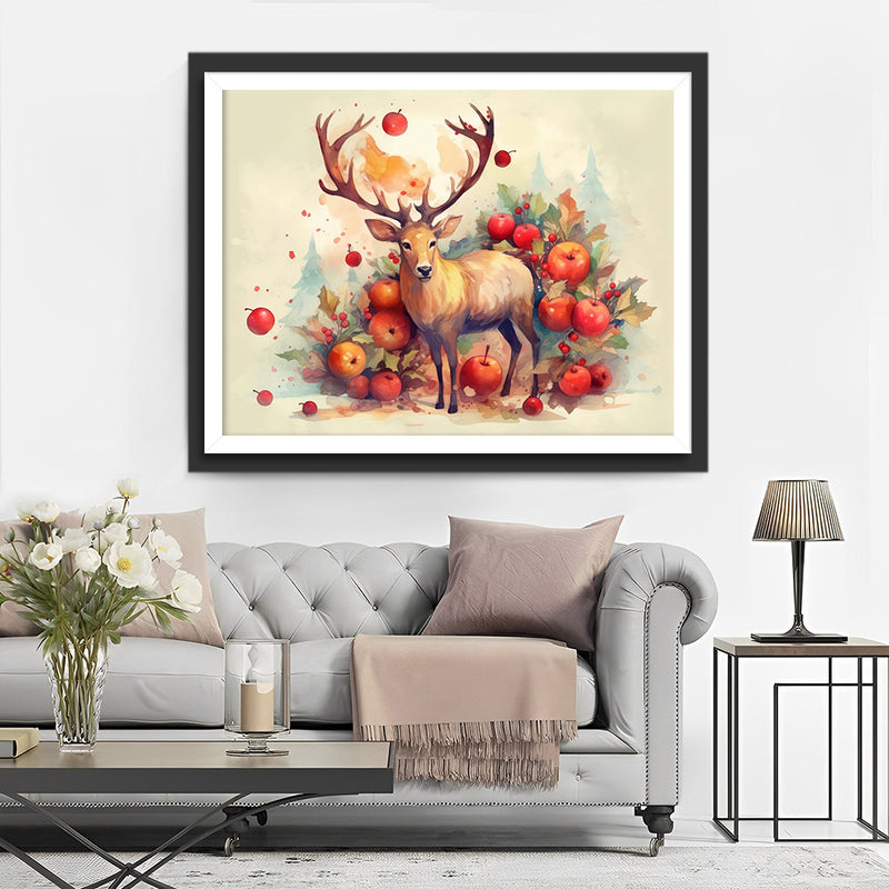 Cerf et Pommes Rouges Broderie Diamant