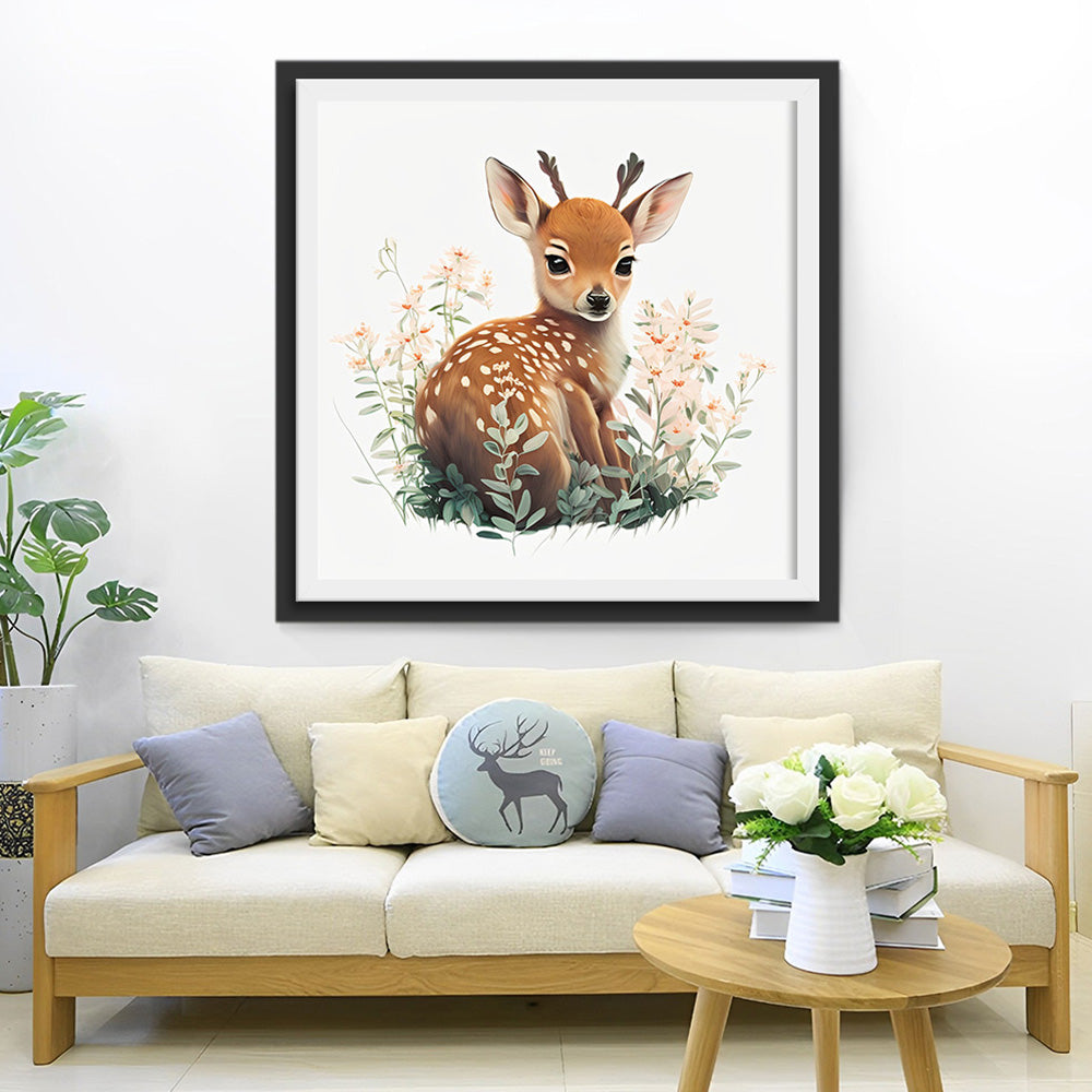 Cerf Sika dans les Fleurs Broderie Diamant