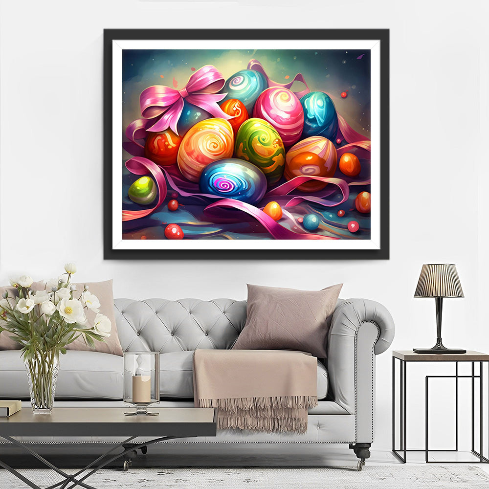 Œufs de Pâques Colorés et Ruban Rose Broderie Diamant