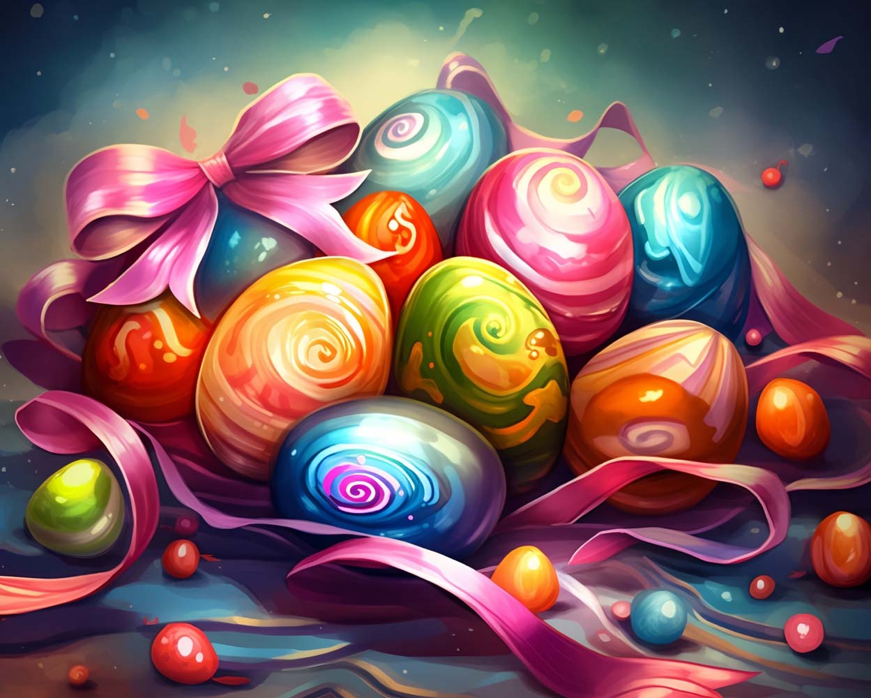 Œufs de Pâques Colorés et Ruban Rose Broderie Diamant