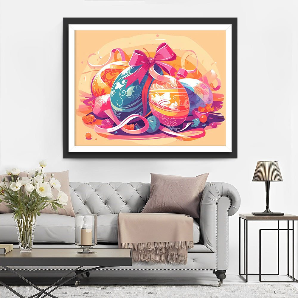 Œufs de Pâques et Ruban Rose Broderie Diamant