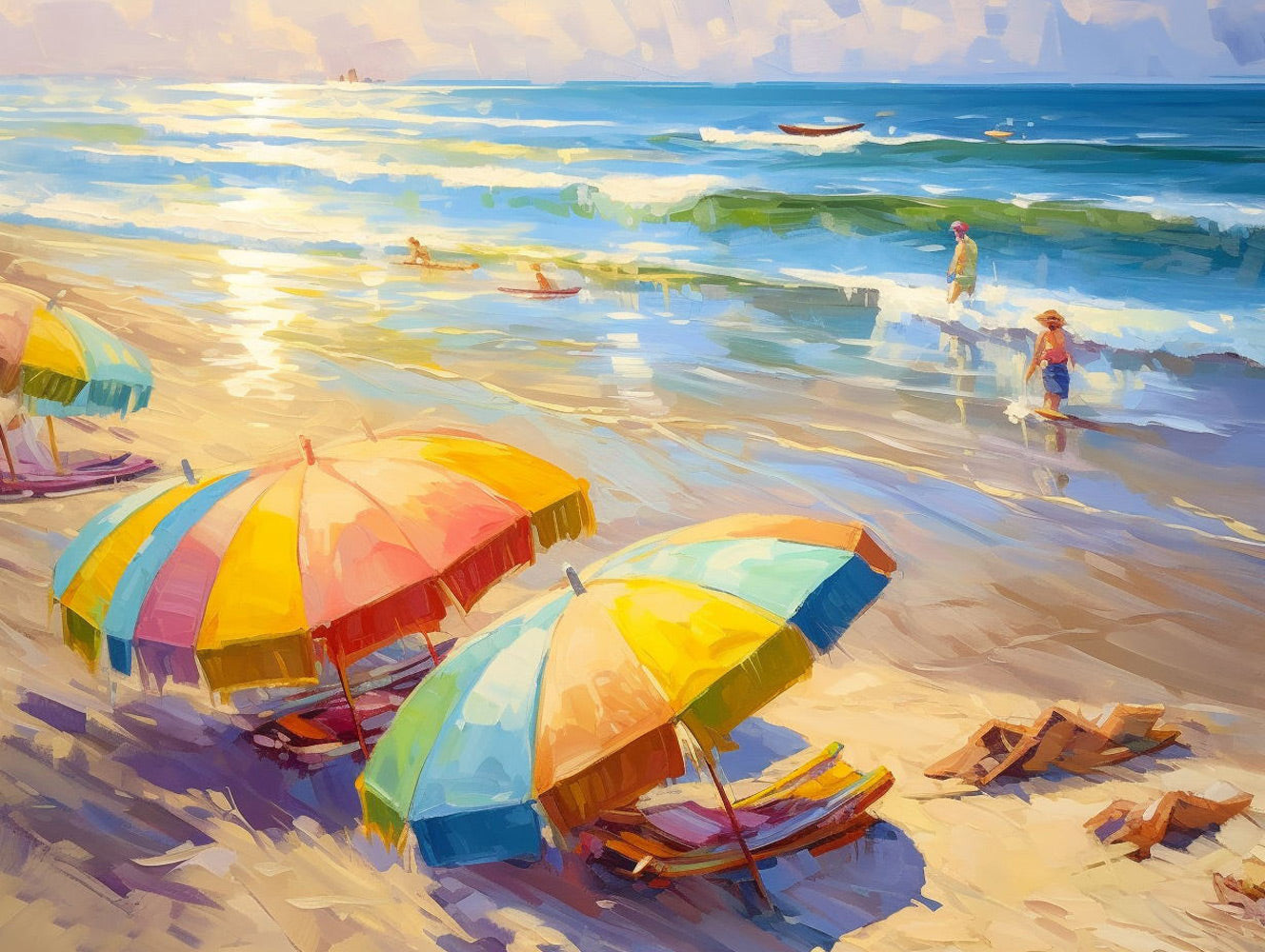 Chaise Longue avec Parasol au Bord de la Mer Broderie Diamant