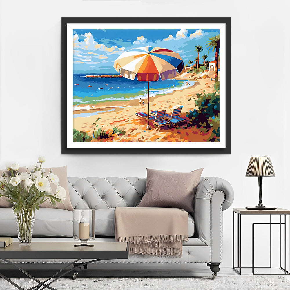 Chaise Longue avec Parasol et Mer Broderie Diamant