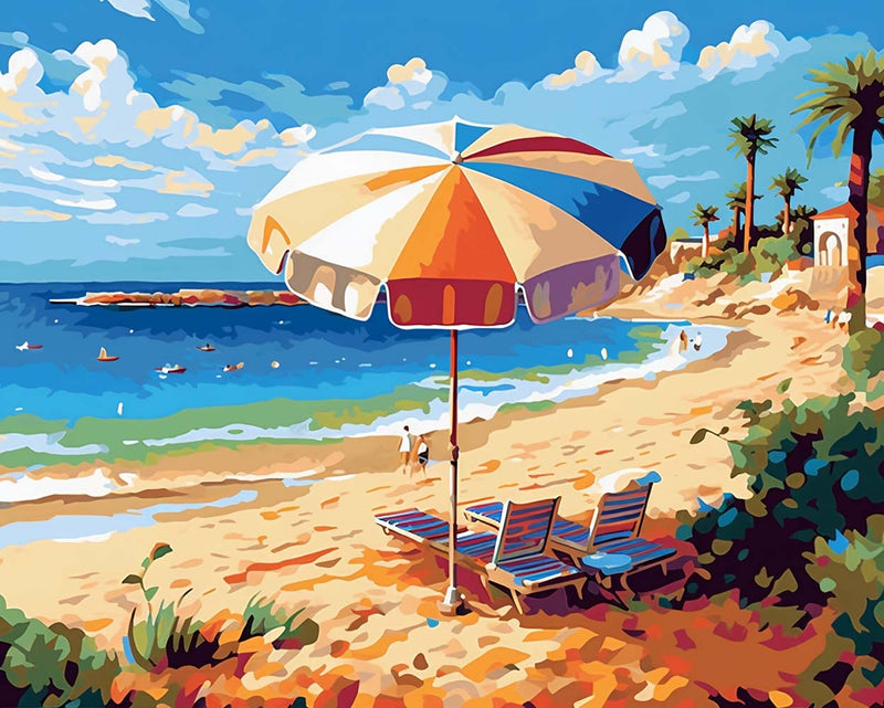 Chaise Longue avec Parasol et Mer Broderie Diamant