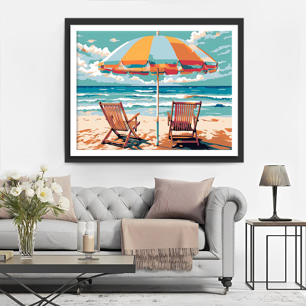 Chaises Longues avec Parasol au Bord de la Mer Broderie Diamant