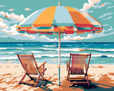 Chaises Longues avec Parasol au Bord de la Mer Broderie Diamant