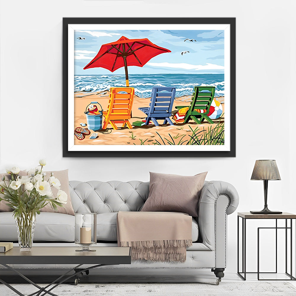 Chaises Longues et Parasols Colorés sur la Plage Broderie Diamant