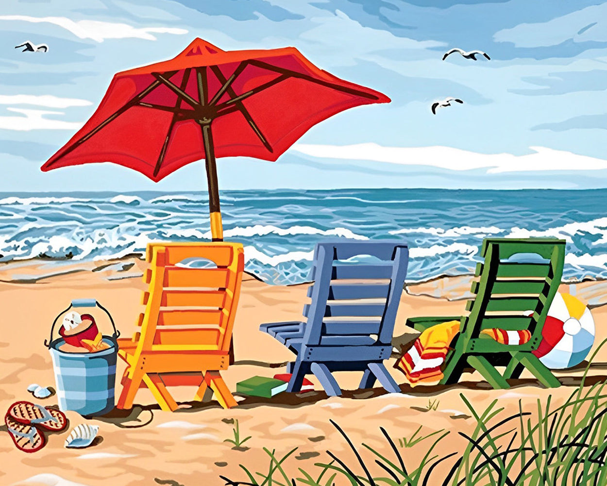 Chaises Longues et Parasols Colorés sur la Plage Broderie Diamant