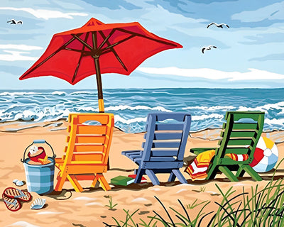 Chaises Longues et Parasols Colorés sur la Plage Broderie Diamant