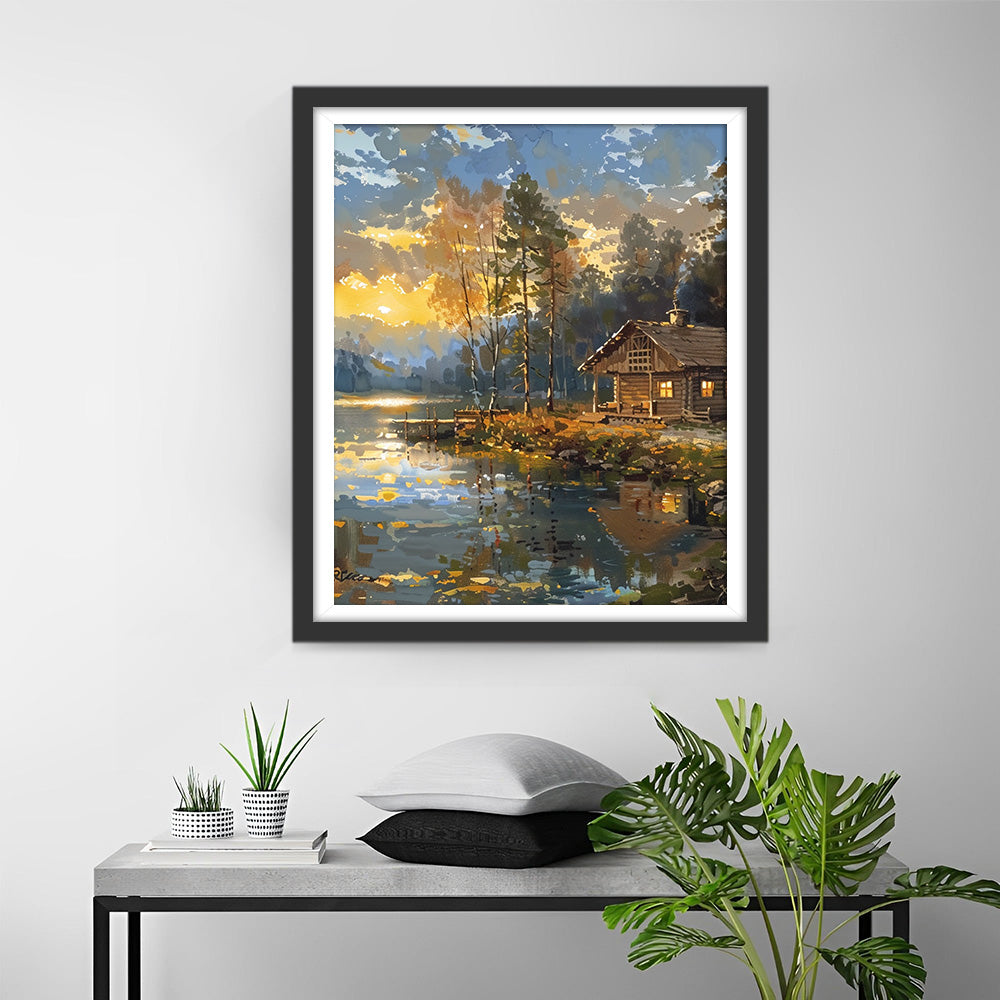 Chalet au Bord du Lac au Coucher du Soleil Broderie Diamant