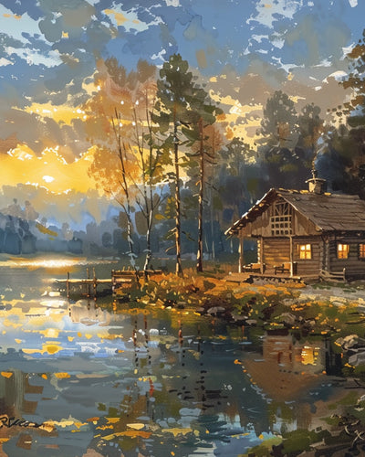 Chalet au Bord du Lac au Coucher du Soleil Broderie Diamant