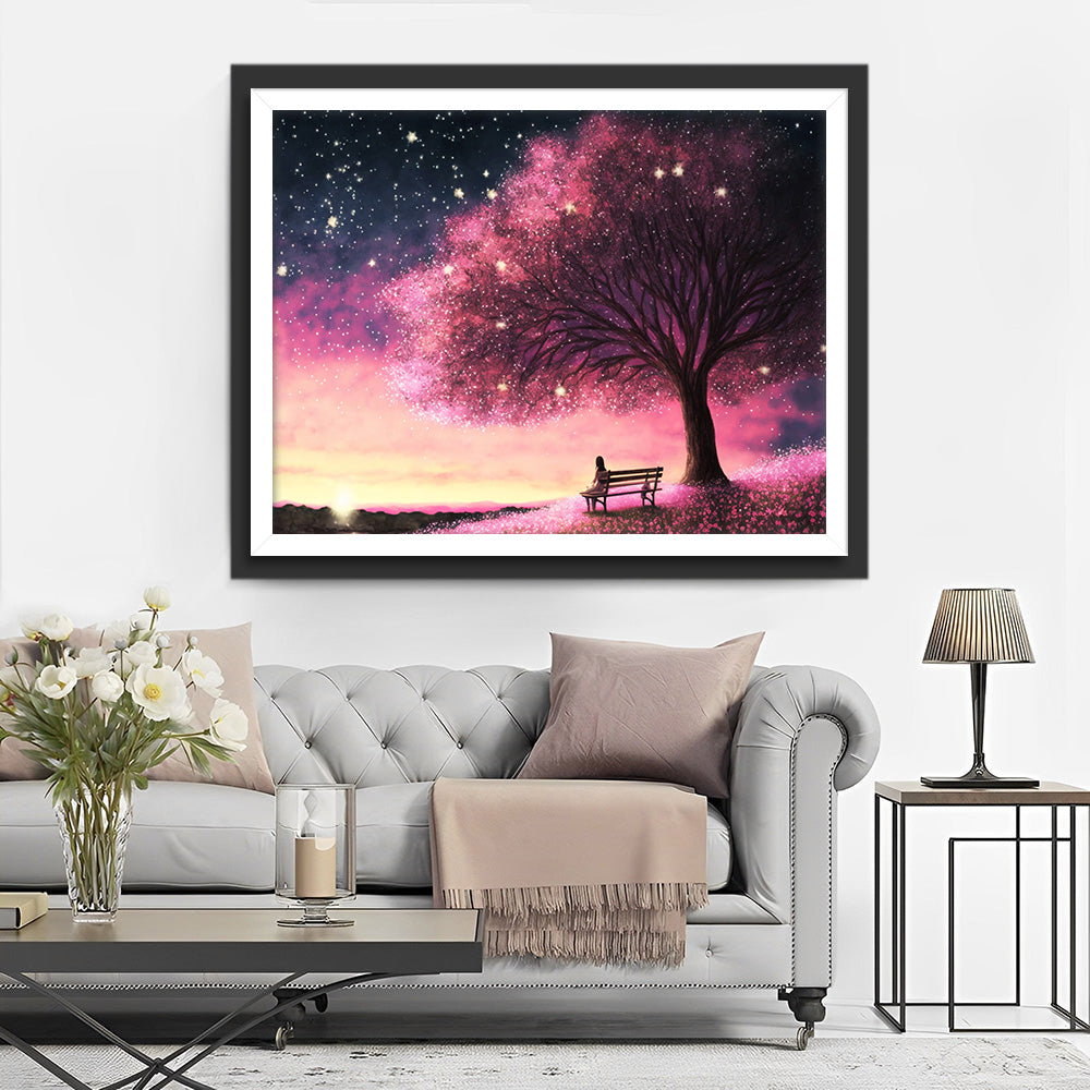 Champ de Fleurs Roses sous les Arbres Fleuris la Nuit Broderie Diamant