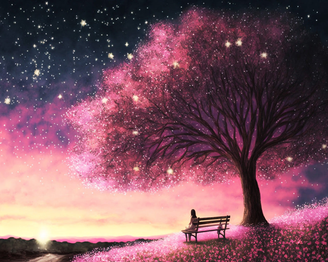 Champ de Fleurs Roses sous les Arbres Fleuris la Nuit Broderie Diamant