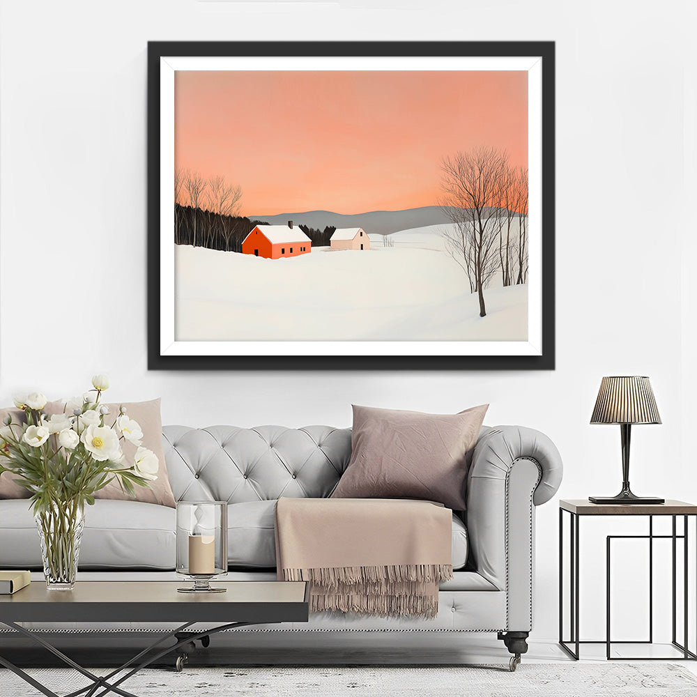 Champ de Neige et Petite Maison sous un Ciel Rose Broderie Diamant