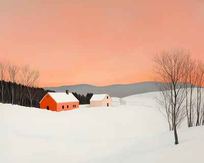 Champ de Neige et Petite Maison sous un Ciel Rose Broderie Diamant