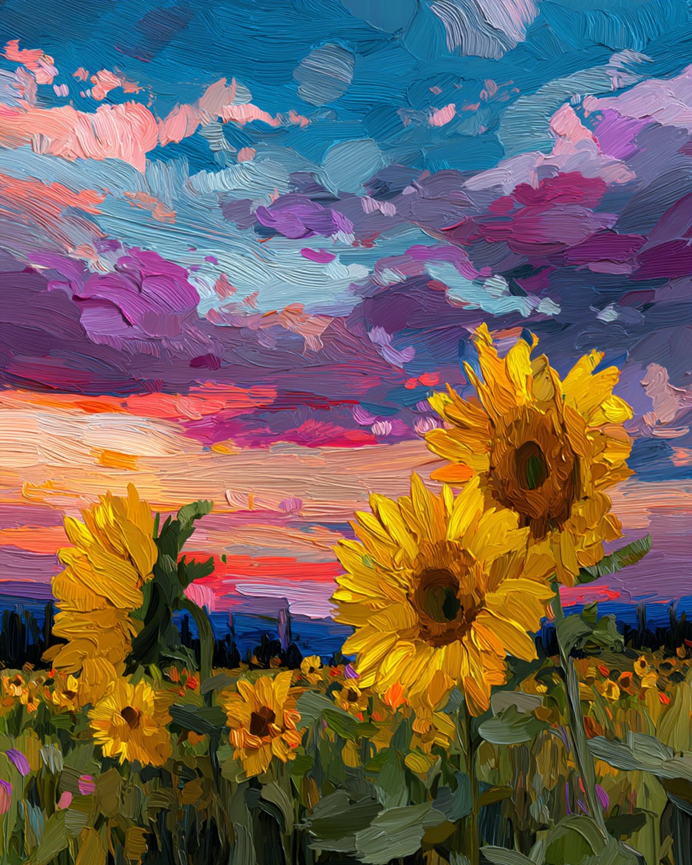 Champ de Tournesols sous des Nuages Violets Broderie Diamant