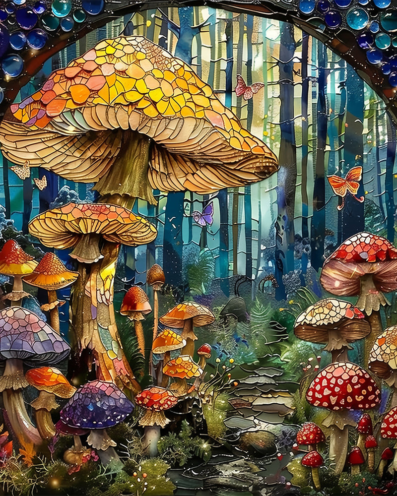 Champignons Abstraits dans la Forêt Broderie Diamant
