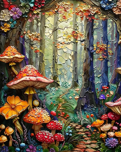 Champignons et Fleurs Abstraits dans la Forêt Broderie Diamant