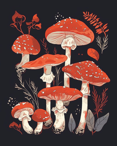 Champignons Rouges dans l'Obscurite Broderie Diamant