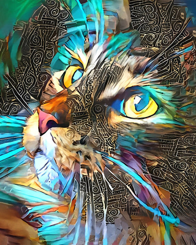 Chat Abstrait Vert et Doré Broderie Diamant