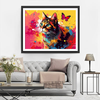 Chat Aquarelle et Papillon Broderie Diamant