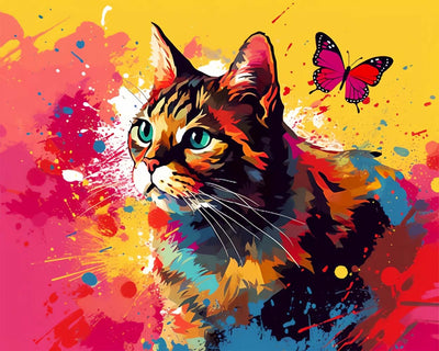 Chat Aquarelle et Papillon Broderie Diamant