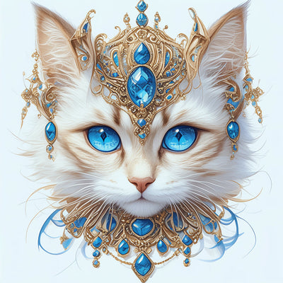 Chat aux Yeux Bleus Portant des Bijoux Broderie Diamant