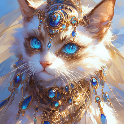 Chat Blanc aux Yeux Bleus Portant des Bijoux Broderie Diamant