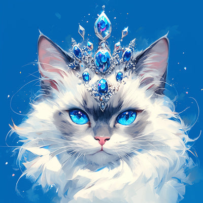 Chat Blanc avec Couronne de Saphir Broderie Diamant
