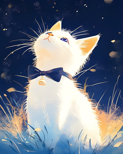 Chat Blanc Regardant le Ciel Nocturne Broderie Diamant