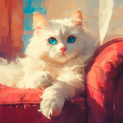 Chat Blanc sur Canape Rouge Broderie Diamant